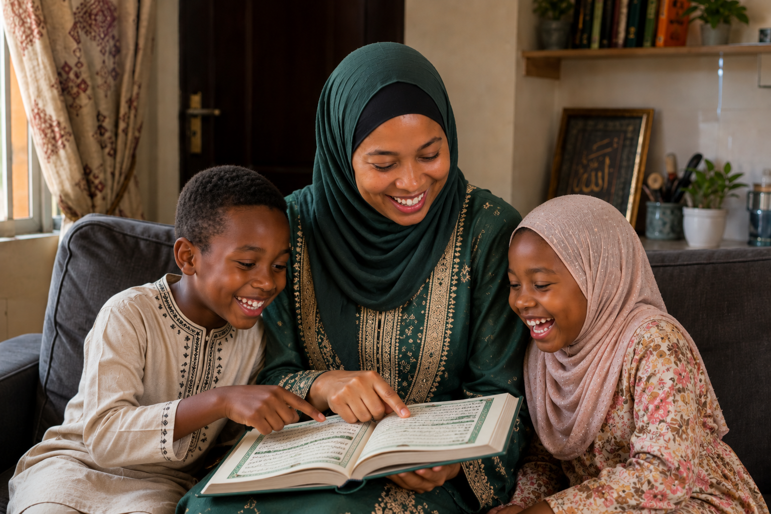 Fatimah reading the Quran with her children